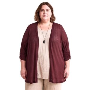 Catherines 3X Open Front Cardigan Ruched Sleeves Shadow Stripe Lightweight